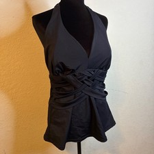 Spanx Black Halter Tankini Top Size 14 Criss Cross Ruched Tummy Control Swimwear