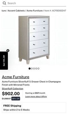 Mirrored Silver 5-Drawer Chest of Drawers with Crystal-Style Knob Handles
