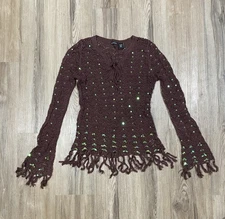 Y2K 90s Moda Intl brown crochet knit sequin long sleeve top M 