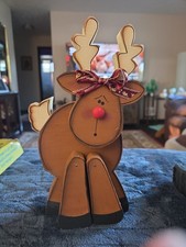Vintage Hand Painted Wooden Reindeer Sitting Figurine Rudolph Christmas Decor