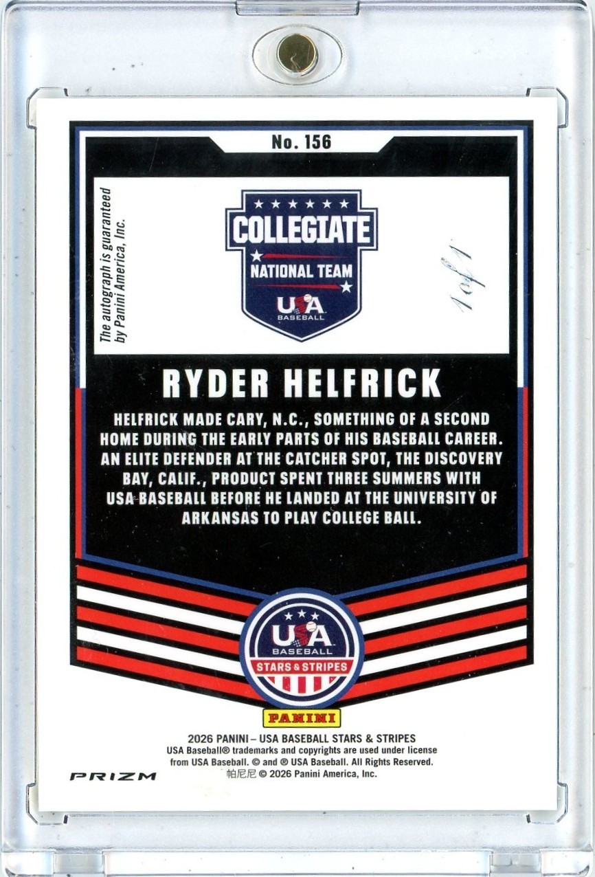 2026 Panini Stars & Stripes Ryder Helfrick 1/1 Auto Gold Vinyl USA Baseball #156 view 2