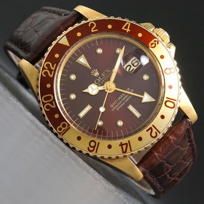 1974 Rolex 1675 GMT Master Root Beer Solid 18K Gold Nipple Dial Watch XLNT COND
