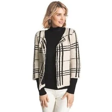 Chico's Cleo Plaid Cropped Cardigan Open Front Fuzzy Sweater 3/4 Sleeve Sz 1 M