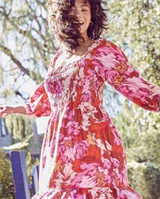 The Get Floral Midi Sundress Puff Sleeve Smocked Sz Small Boho Tropical Linen