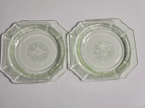 Anchor Hocking Depression Glass Uranium Green Princess 5½" Bread Plates SET of 2