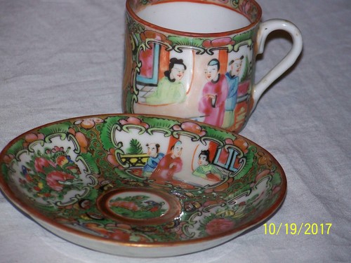 Juego de té chino Qing Dy de 4 tazas/platillos medallón rosa - Imagen 10 de 16