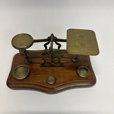 Antique Brass British Postal Scale With Wood Base & Weights 