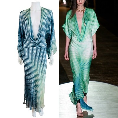 Vintage S/S 2001 Roberto Cavalli Blue + Green Draped Iconic Swirl Print Low Cut