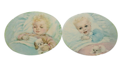 2 Vintage Litho Cardboard Prints By Florence Kroger Baby Kitten Puppy Cut Oval