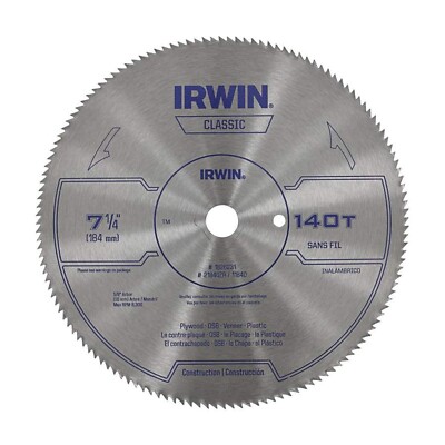 New Irwin Classic 7-1/4 140 Tooth  Plywood Or Plastic Circular Saw Blade 182631