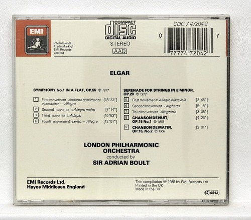 SIR ADRIAN BOULT ⸺ ELGAR symphony no.1, serenade for strings ⸺ EMI CD NM - Imagen 2 de 2
