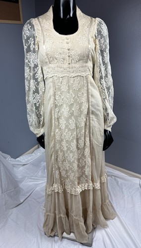 Vtg 60s 70s Gunne Sax Off White Cream Lace Bodice Maxi Dress Wedding Boho Sz 11 - Picture 2 of 20