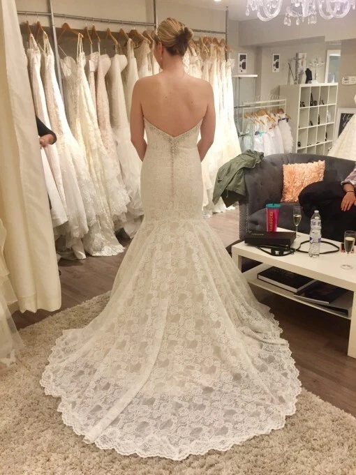 Brautkleid champagne ivory Knopfleiste Boho Vintage Spitze Fit+Flare USA size 10 - Bild 4 von 4