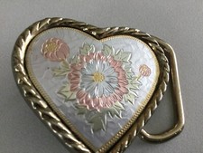 Vintage Western Brass Belt Buckle Heart Filigree Etched Silver  Tri-Gold USA