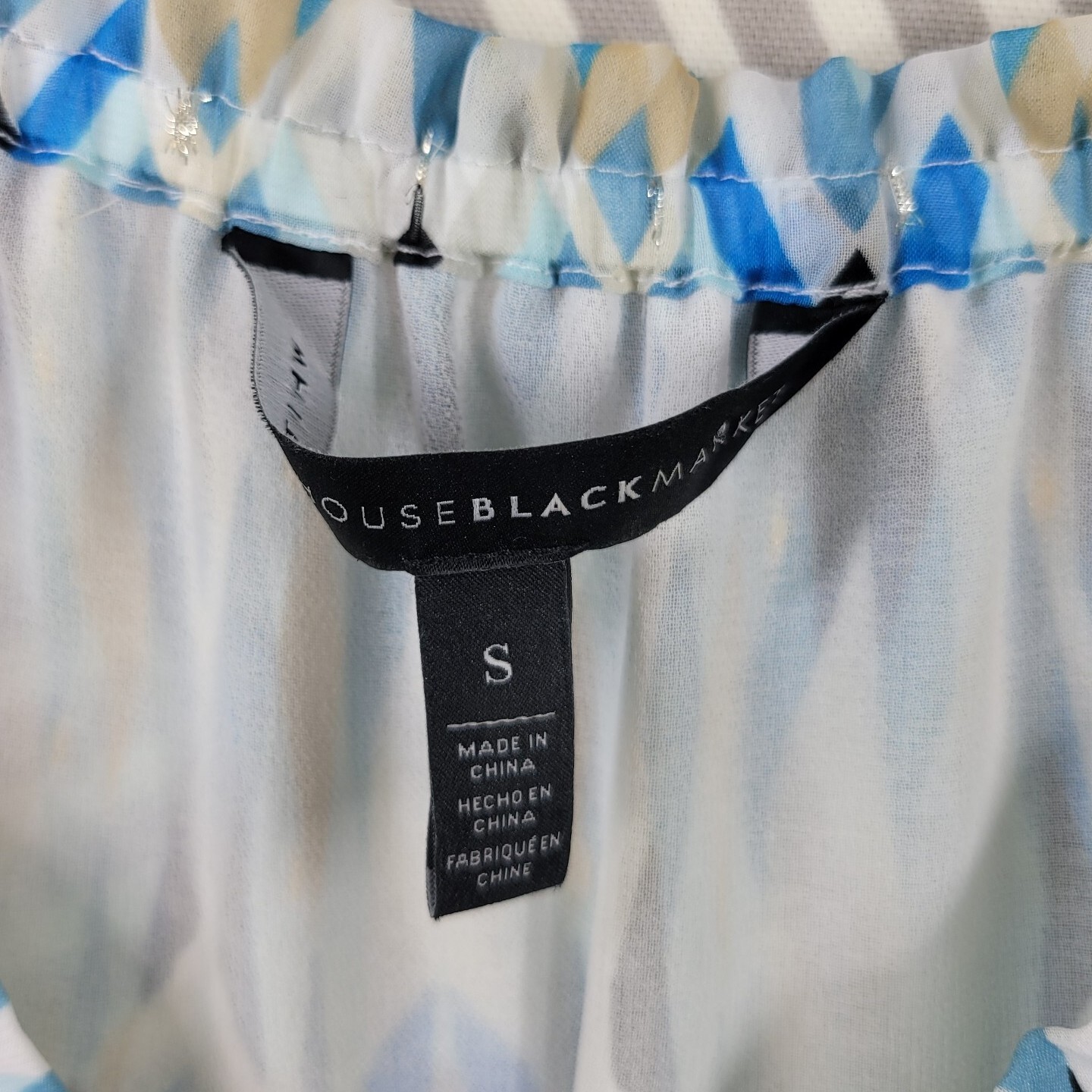 White House Black Market Size Small Boho Blouse peasant top Geometric art blue