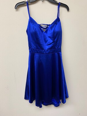 cobalt blue satin dress Azurine Cobalt Blue Satin-Feel Midi Dress With Long Sleeves - M main image 0