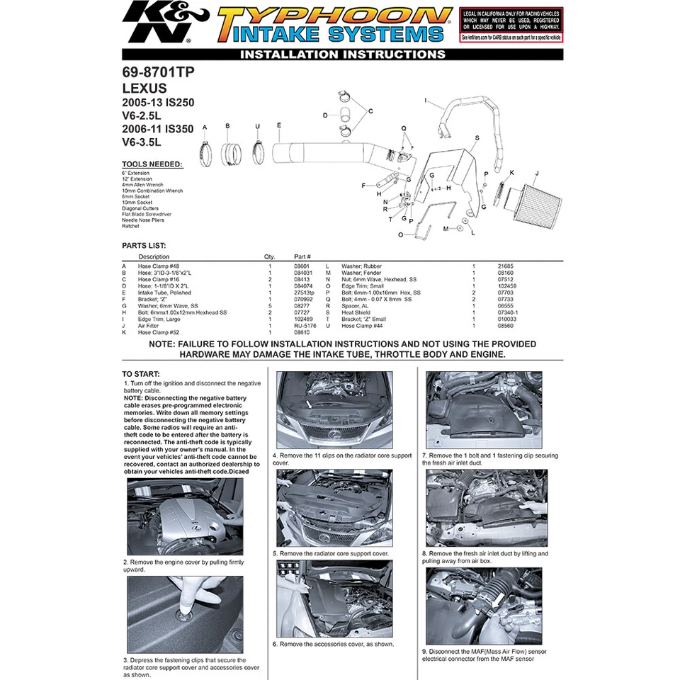 Entrada de aire frío rendimiento K&N 69-8701TP para Lexus IS350 2005-12 / 05-13 IS250 Foto 4 de 4