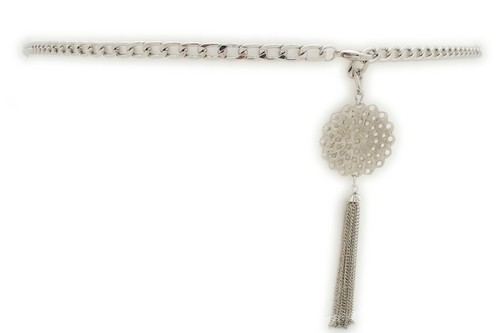 Women Belt Hip High Waist Silver Metal Chains Fringe Tassel Flower Size M L XL - Picture 5 of 12
