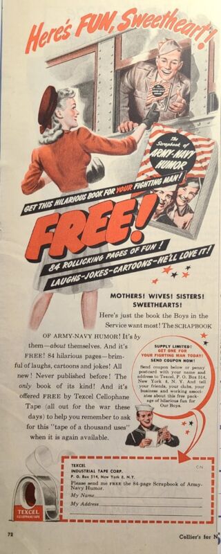Vintage Print Ad 1943 Texcel Industrial Tape Scrapbook of Army-Navy Humor Offer Vintage Print Ad 1943 Texcel Industrial Tape Scrapbook of Army-Navy Humor Offer