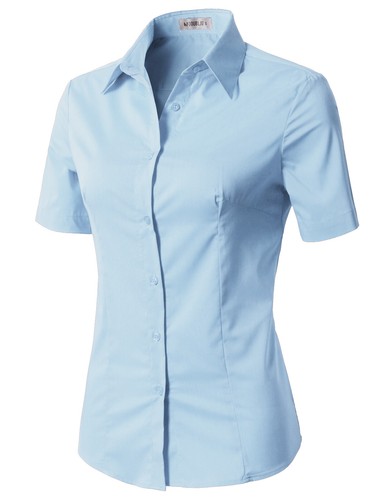 Womens Button Down Shirt Basic SLIM FIT Simple Short Sleeve Collared S010 - Picture 72 of 95