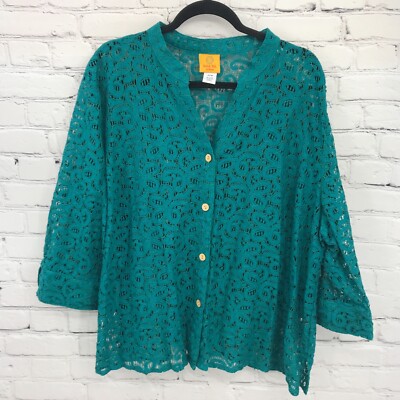 Ruby Rd Top Womens 2X Green Sheer Lightweight Short Sleeve Button Up Basic 22W