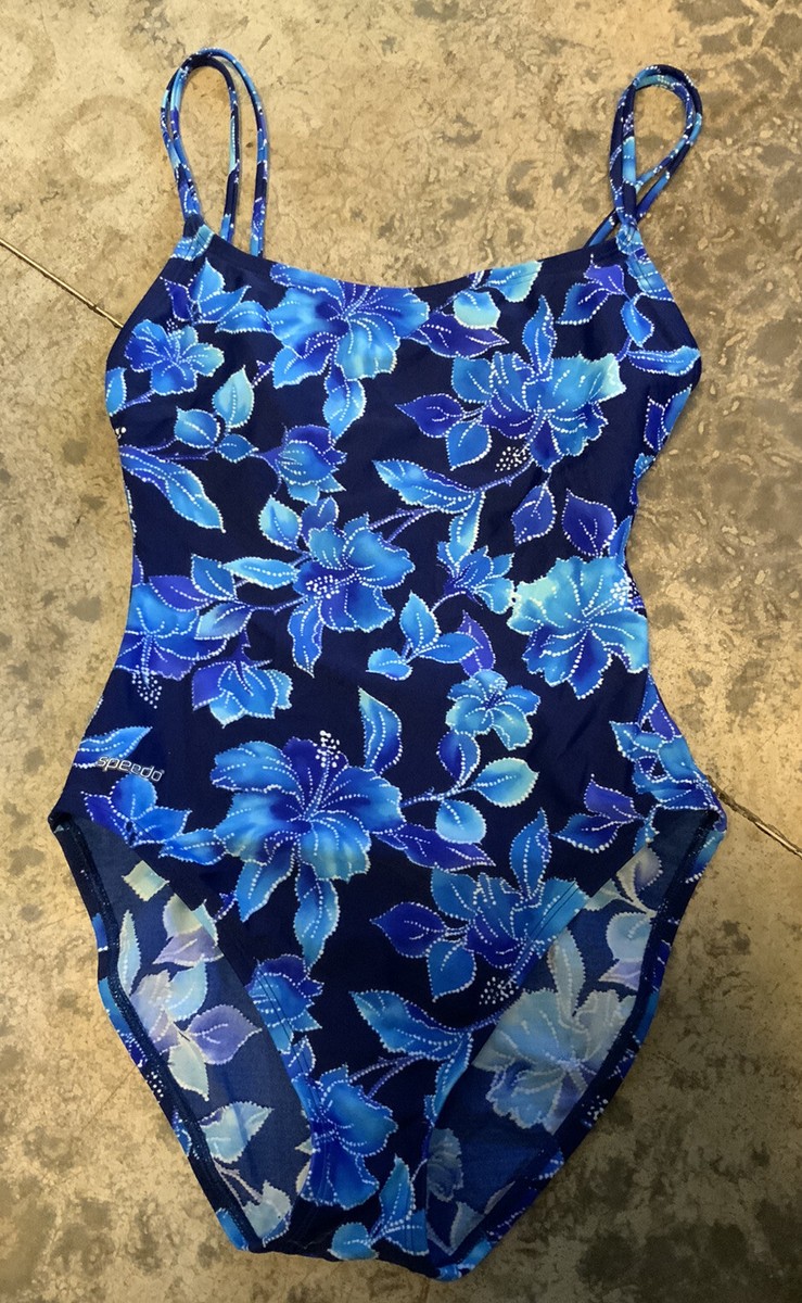 Speedo 8 M One piece Blue Floral Double Spaghetti Strap Swimsuit