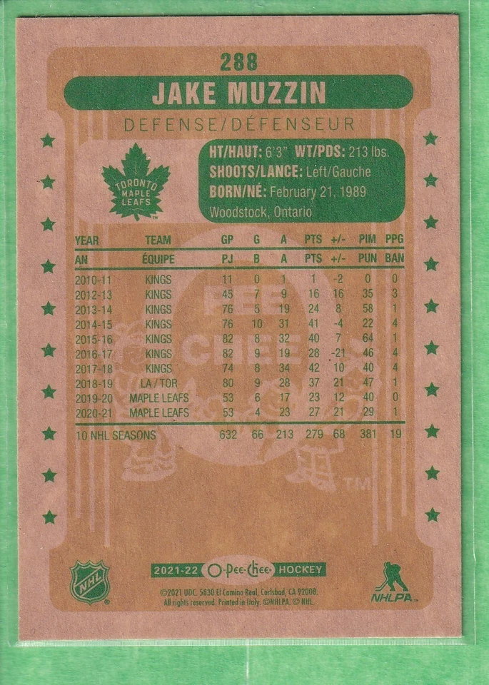 2021-22 O-Pee-Chee Retro #288 Jake Muzzin Toronto Maple Leafs - Image 2 of 2