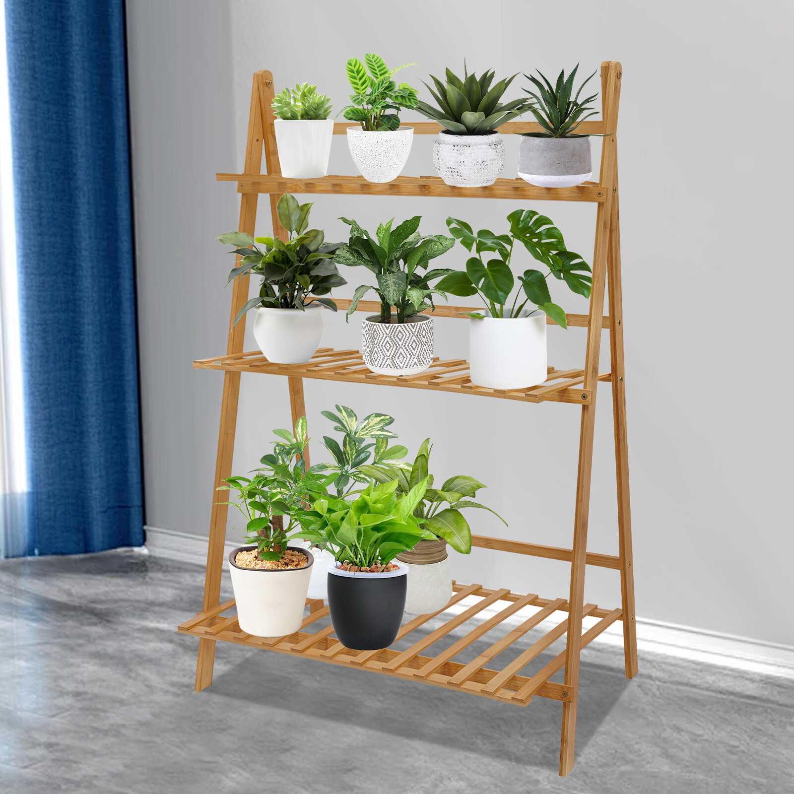 Modern 3-Tier Bamboo Plant Stand in Wood Finish Trapezoidal Floor Design  