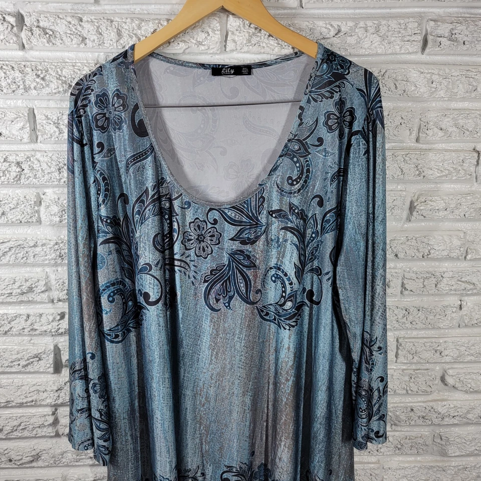Lily Firmiana Womens Dress 3XL Plus Long Sleeve Mini Poly Blend Blue Paisley - Image 4 of 4