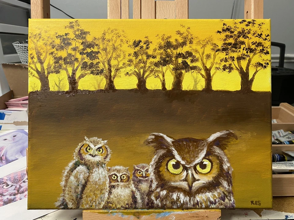 Pintura al óleo original sobre lienzo de búhos, firmada por artista, amarillo, guardería, arte, naturaleza Foto 2 de 2