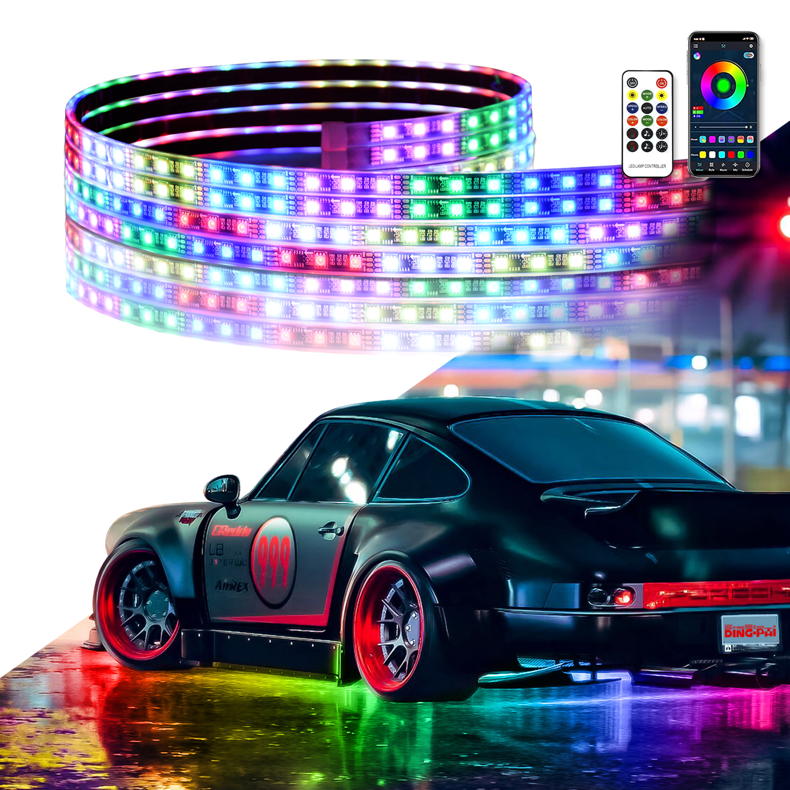 4PCS RGB LED Underglow Lights Neon Accent Strip Chasing Light Car Exterior Kit