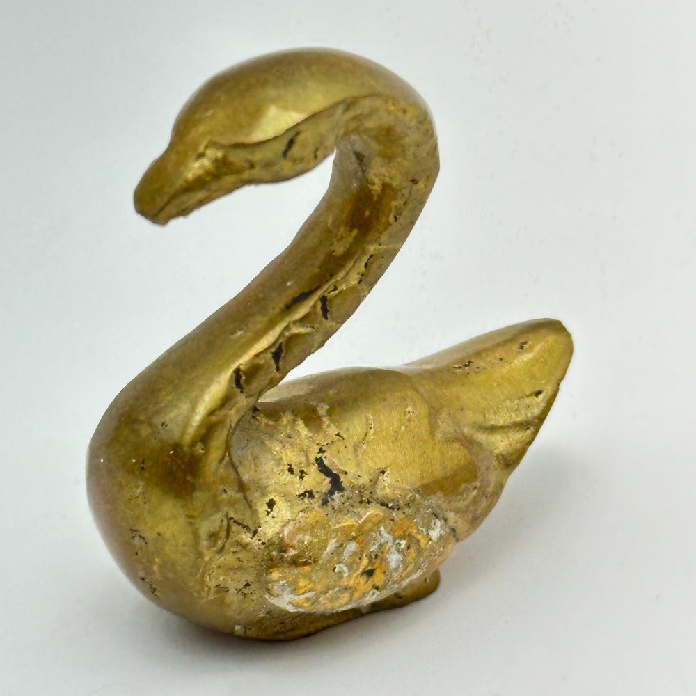 VTG Swan Brass Figurine Goose Solid Small Size Gold Aged Patina 1.5
