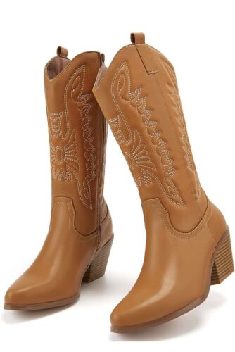 Cowgirl Cowboy Boots Women Chunky Block Heel Mid Wide Calf Boots Shoes US Size