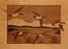 HUDSON RIVER INLAY PICTURE - CANADIAN GEESE in FLIGHT - WOOD MARQUETRY - 13 X 16