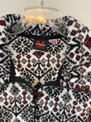 Mazmania Men's Fleece Jacket Size M Zipper VTG Red Black Ivory Snowflakes USA - Picture 4 of 10
