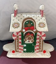 Vintage Christmas Handmade Cloth On Board Gingerbread House Top Opens Up