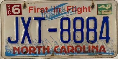 NC TRIPLE 8 888 license plate repeating JXT 8884 1998 North Carolina