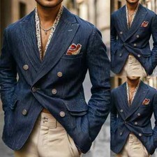 Navy Blue Men's Suit Denim Double Breasted Peak Lapel Casual Sports Blazer Pant