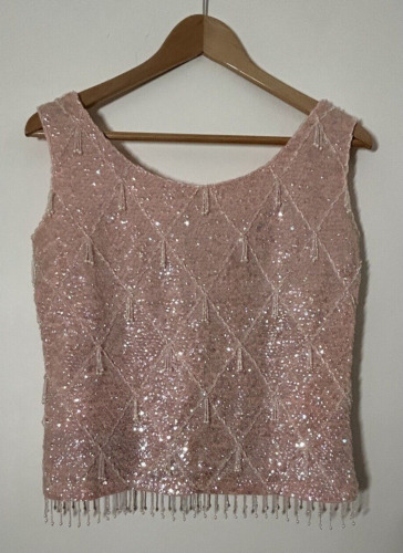 Vintage Pink Sequin Beaded Tank Shell Top 100% Woo