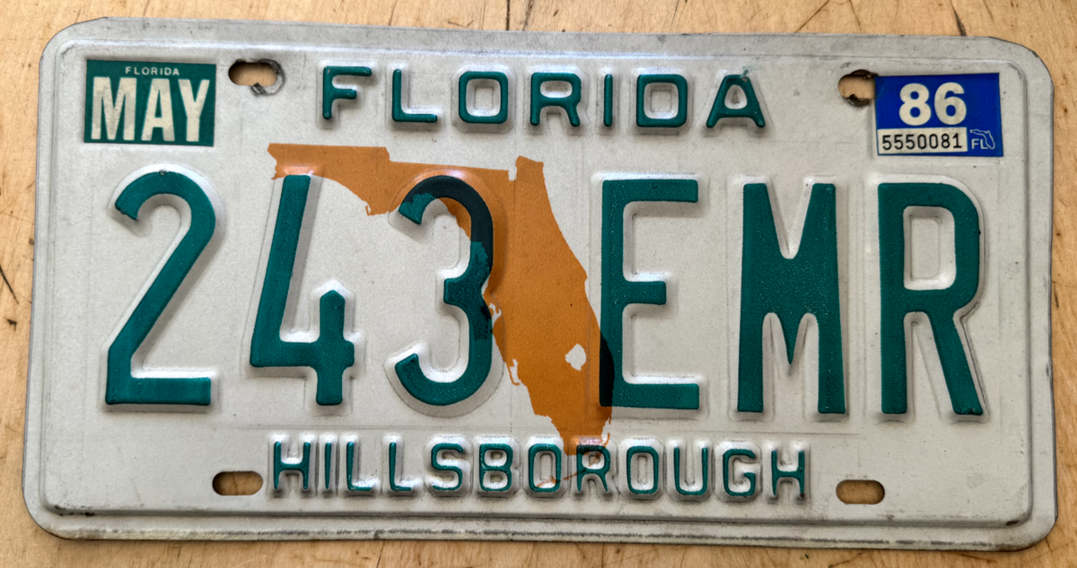 1986 FLORIDA PASSENGER AUTO LICENSE PLATE 