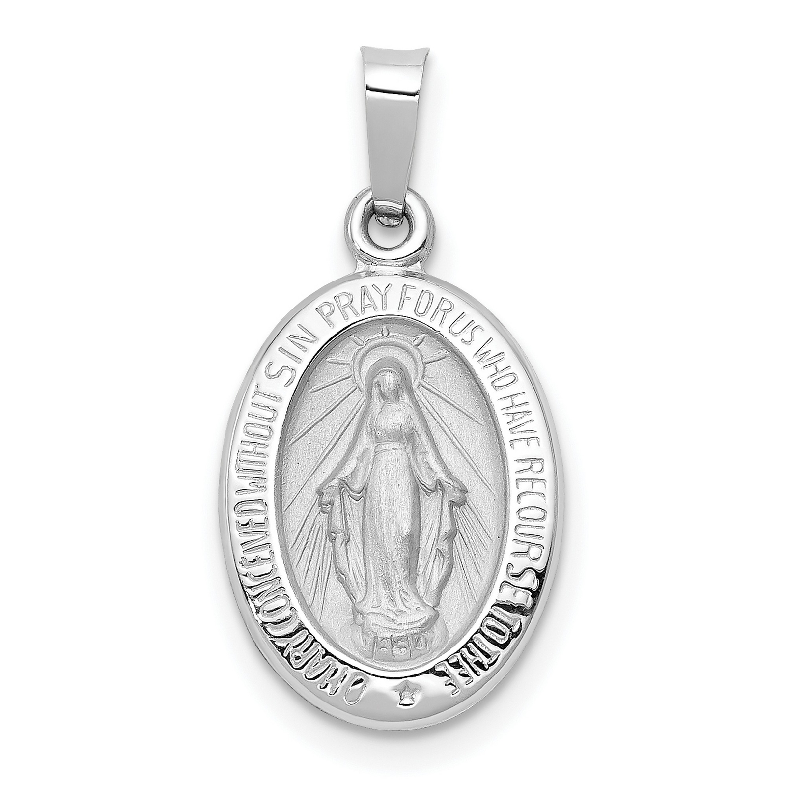 14k White Gold Mary Mother of God Miraculous Medal Hollow Oval Pendant