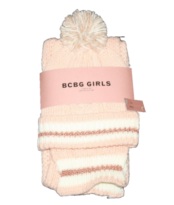 BCBG Girls Scarf Beanie Hat Set Pink White Copper Metallic Sparkle NEW NWT