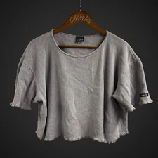 Susan Fixel Top Gray Waffle Knit Boxy Crop Large Vintage Y2K Lettuce Trim