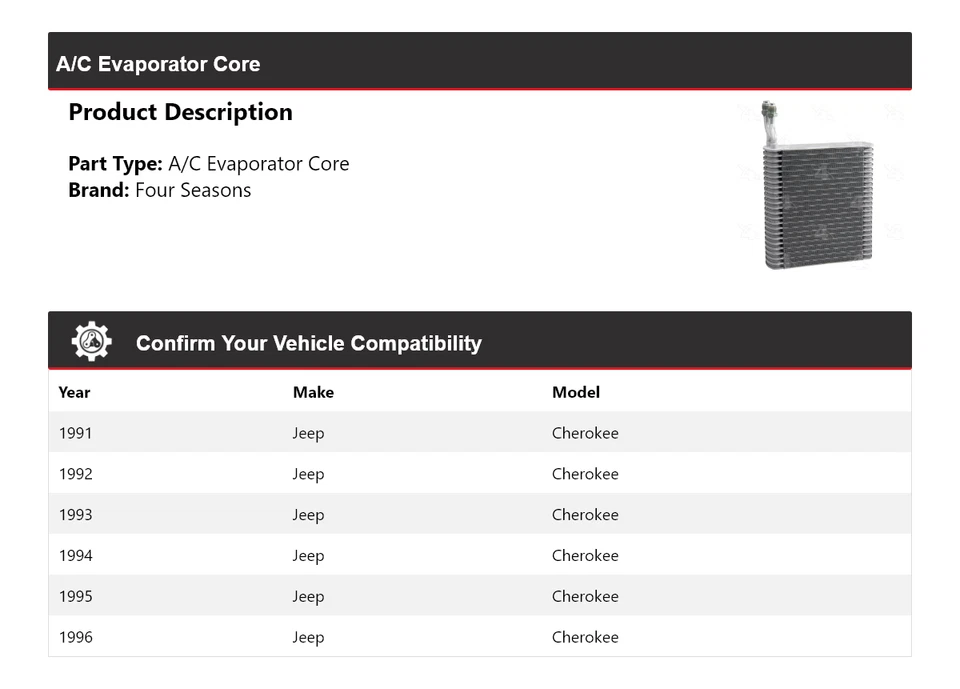 Núcleo evaporador aire acondicionado Jeep Cherokee 1991-1996 4 estaciones 1992 1993 1994 1995 Foto 2 de 4