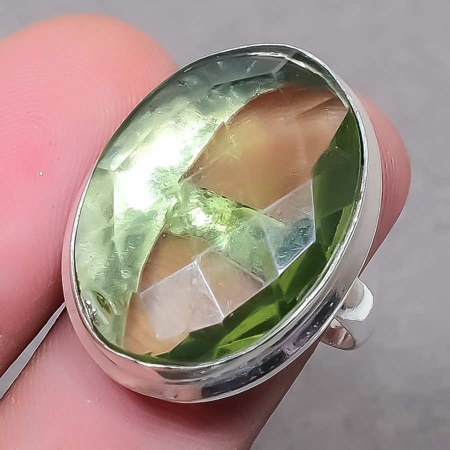 Faceted Green Amethyst Oval Shape Gemstone Gift Adjustable Jewelry Ring SR  2041
