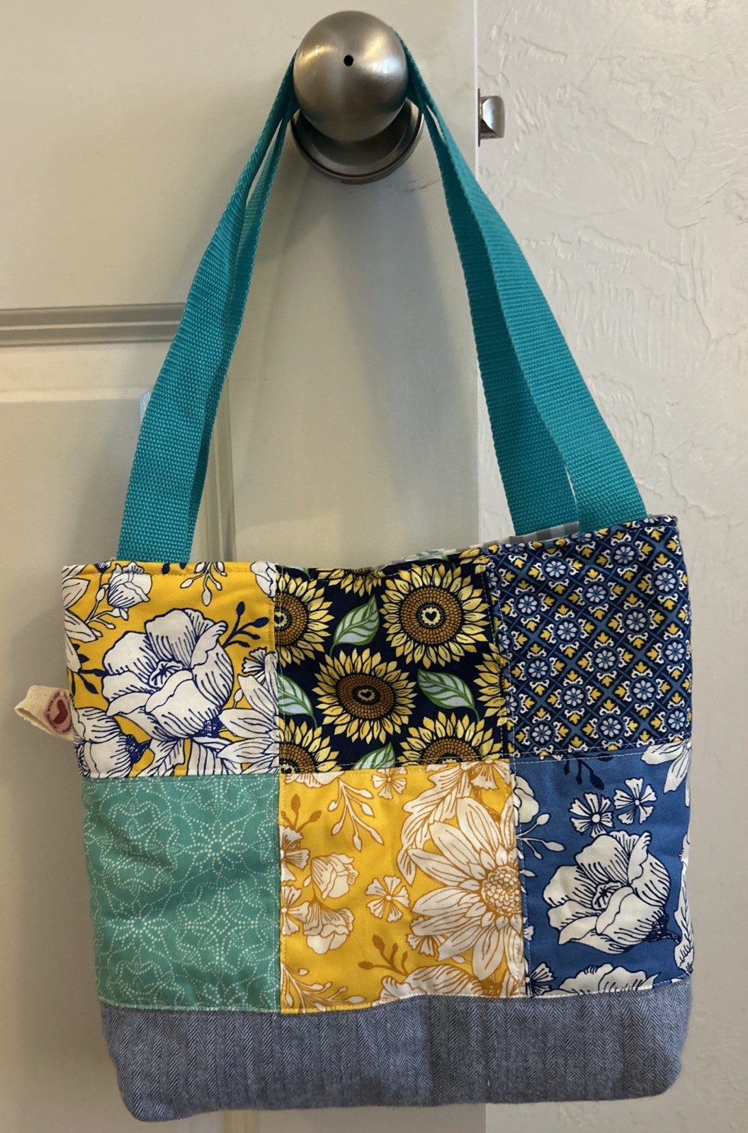 Handmade Quilted Patchwork Tote Bag - Sunflower Floral Blue Yellow Cotton Bag