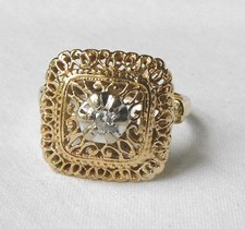 Vintage 14K Gold Art Deco Style Diamond Filigree Square Cocktail Ring Sz 7.5