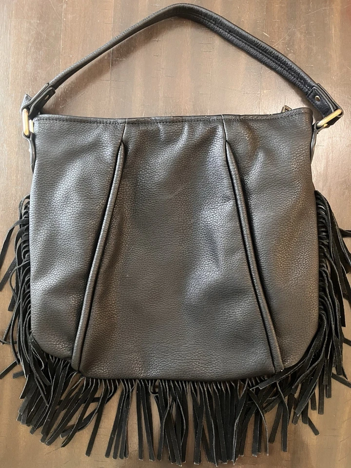Moda Luxe Bolso de Mano Hobo de Cuero Negro con Flecos Correa para el Hombro Foto 3 de 4
