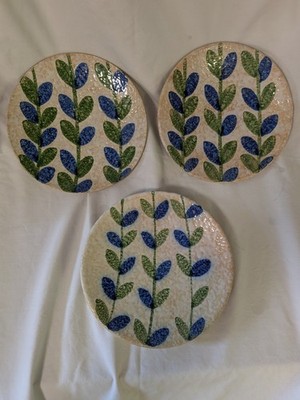 Handmade Ceramic Dessert Plates Set of 3, Blue Green Leaf Pattern, 8'' Round
