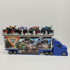 Monster Jam Hauler Transport Truck Trailer w/ 5 Trucks Tiger Shark Mega Wrex
